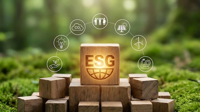 Esg environmental social and governance concept with wooden blocks and icons on a mossy forest background, sustainability and corporate responsibility