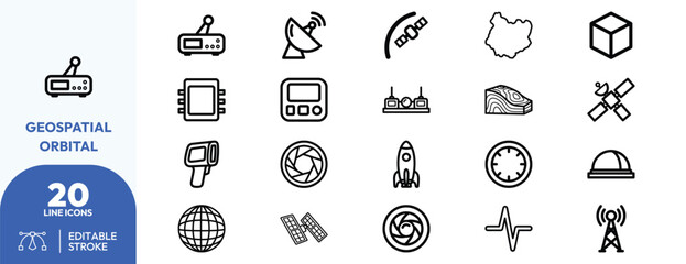 Naklejka premium Geospatial Orbital icon set. Containing satellite, globe, radar, device, and more. Editable stroke. Vector illustration.