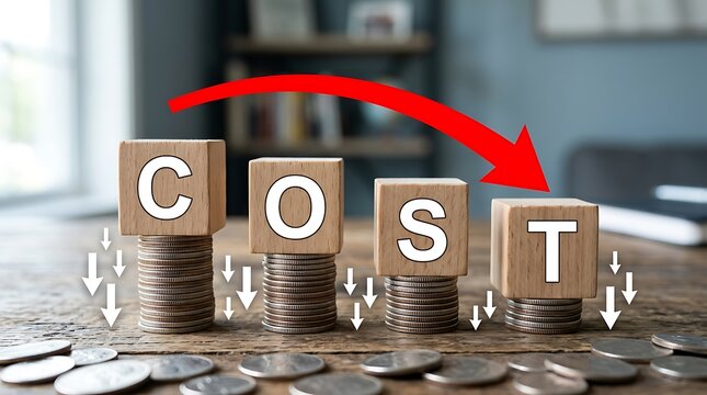 Cost reduction concept with wooden blocks on top of stacked coins with a red arrow pointing downwards, symbolizing financial savings and budget cuts