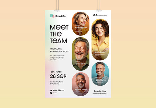 Meet The Team Flyer Template, Corporate Staff Poster, Company Profile, Employee Spotlight Design