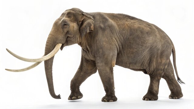 Isolated prehistoric Palaeoloxodon namadicus straight-tusked elephant on a solid white studio background