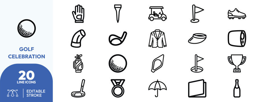 Golf Celebration icon set. Containing golf ball, tee, cart, club, trophy, and more. Editable stroke. Vector illustration.