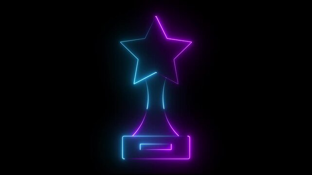 Glowing neon pink and blue color Award cup icon isolated on black background. Winner trophy symbol icon animation.