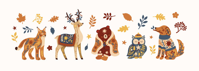 Set of beautiful autumn or winter animal characters. Lynx, deer, bear, owl, dog in cozy warm clothes, with botanical decoration. Naive cute cartoon style. Seasonal print, decoration, Thanksgiving. © Anna