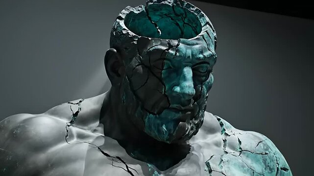 Broken stone statue of a man with a hollow head and cracked body. Surreal monument representing mental struggles and internal void. Conceptual art for psychology and wellness campaigns.