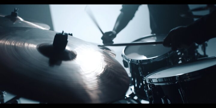 Intense Close-up of a Drummer's Hands Playing a Drum Kit with Drumsticks