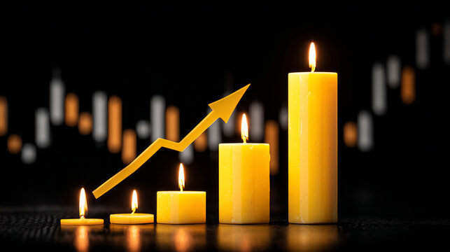finance Abstract black background uptrend arrow with candlesticks and bar chart show innovation of economy business statistics with Earth network with glowing nodes and triangle polygon linesIt

