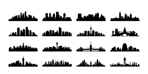 Fototapeta premium Cities skyline set with iconic buildings and landmarks in silhouette style featuring urban, architecture, cityscape with vector and black elements