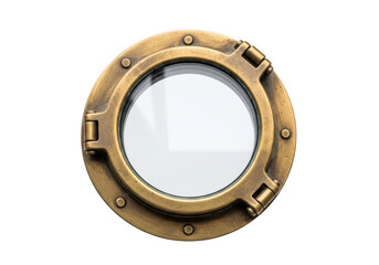 Obraz premium Round brass ship porthole with transparent glass window isolated on a solid black background, nautical marine hardware