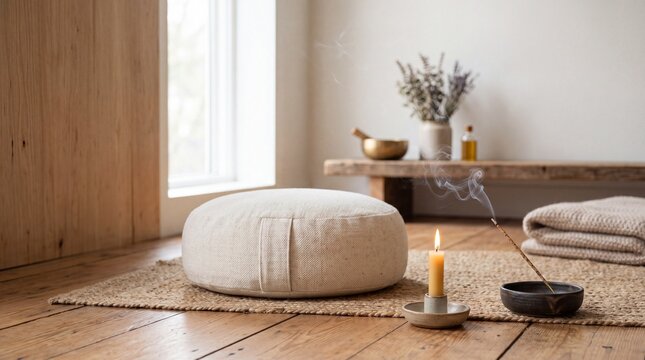 Serene Meditation Corner with Incense, Candle, and Floor Cushion