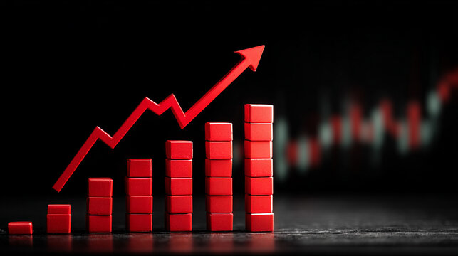 finance Abstract black background uptrend arrow with candlesticks and bar chart show innovation of economy business statistics with Earth network with glowing nodes and triangle polygon linesIt
