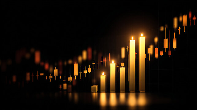 finance Abstract black background uptrend arrow with candlesticks and bar chart show innovation of economy business statistics with Earth network with glowing nodes and triangle polygon linesIt
