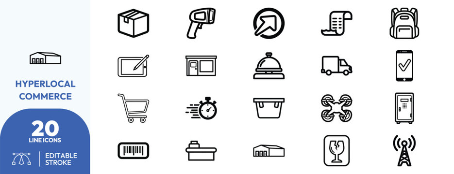 Hyperlocal Commerce icon set. Containing delivery, shopping, technology, transport, and more. Editable stroke. Vector illustration.
