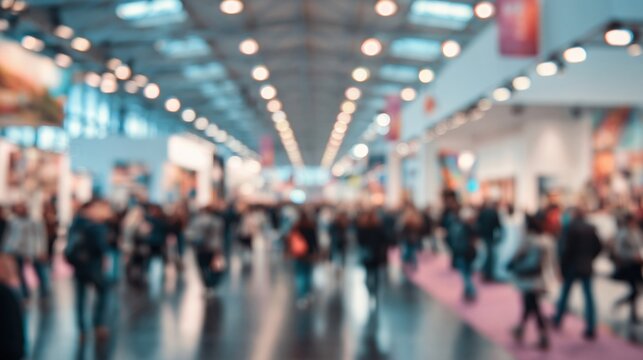 Blurred image of a bustling trade show with crowds of people walking down an exhibition hall
