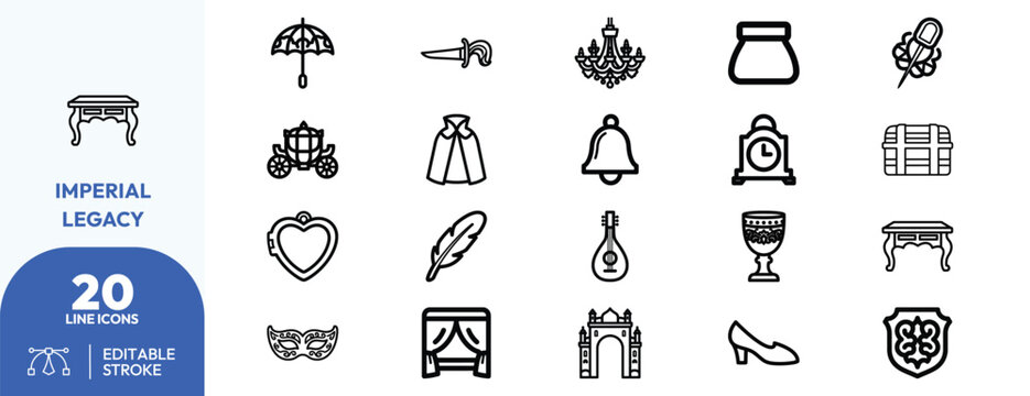 Imperial Legacy icon set. Containing vintage, decor, furniture, accessories, art, and more. Editable stroke. Vector illustration.