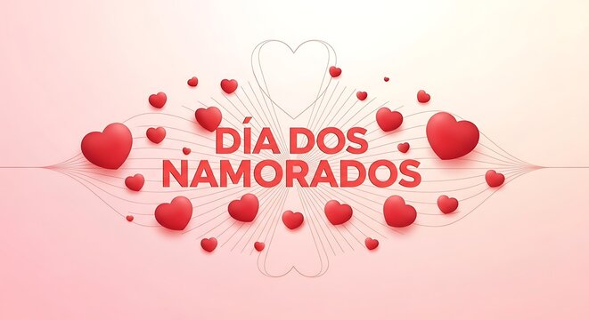 Dia dos namorados greeting card with red hearts on a soft pink background