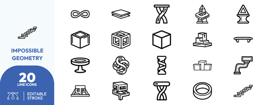 Impossible Geometry icon set. Containing stair, cube, spiral, and more. Editable stroke. Vector illustration.