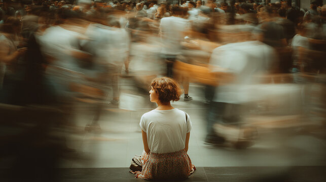 Ai Person sits quietly in a busy place surrounded by moving people during the daytime