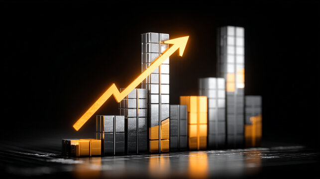 finance Abstract black background uptrend arrow with candlesticks and bar chart show innovation of economy business statistics with Earth network with glowing nodes and triangle polygon linesIt
