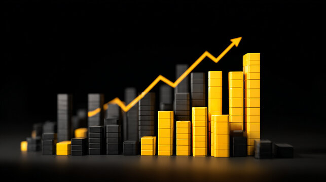 finance Abstract black background uptrend arrow with candlesticks and bar chart show innovation of economy business statistics with Earth network with glowing nodes and triangle polygon linesIt
