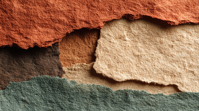 Handmade earth tone abstract background recycled paper collage with heavy grain texture terracotta color planes