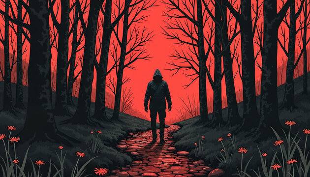 Figure in hoodie walking down path in dark forest with red sky  
