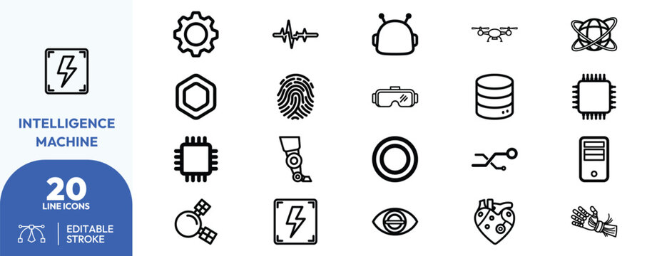 Intelligence Machine icon set. Contain icons related to technology, data, robotics, energy, computing, innovation, and more. Editable stroke. Vector illustration.