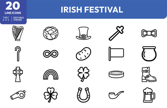 Irish Festival icon set. Containing harp, cabbage, hat, rainbow, clover, and more. Editable stroke. Vector illustration.