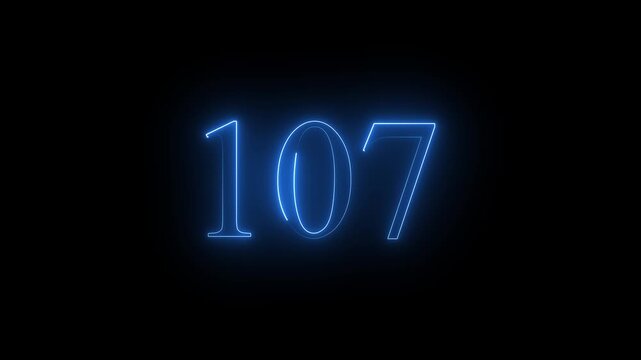 Neon 107 number mathematics text icon animation blue color text on black background.