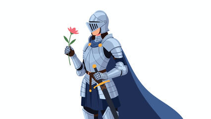 Obraz premium Valiant medieval knight in full shining silver armor holding a delicate small pink flower in one hand and a sword at his waist on white.