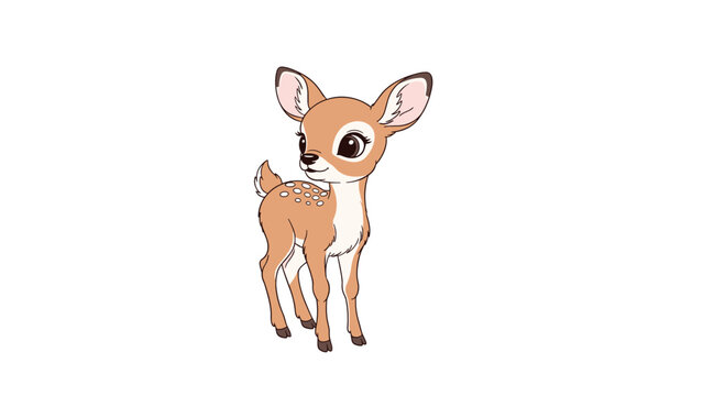 Cute baby deer with large eyes and spots on its back standing and looking over its shoulder on a white background.