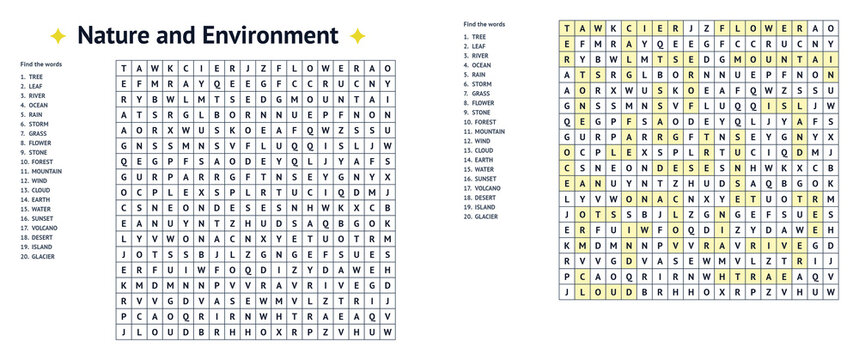 Word seek puzzle sheet featuring nature and environment theme  