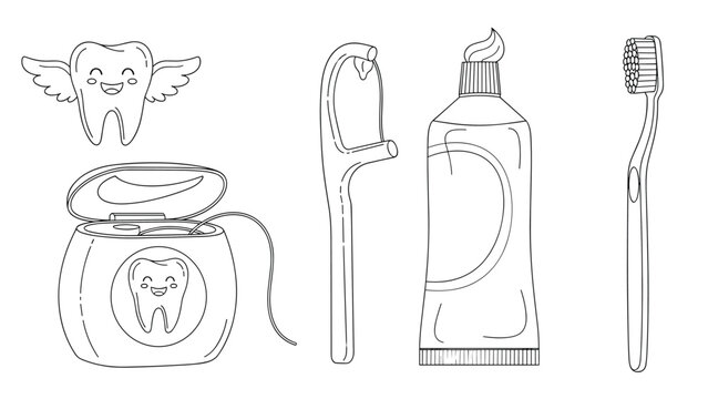 Outline icons of dental hygiene tools including tooth fairy character, dental floss, toothpaste, and toothbrush for coloring.