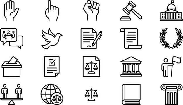 Justice Democracy and Civil Rights Icon Collection Featuring Voting Law Equality Freedom and Government Symbols for Public Institution Design