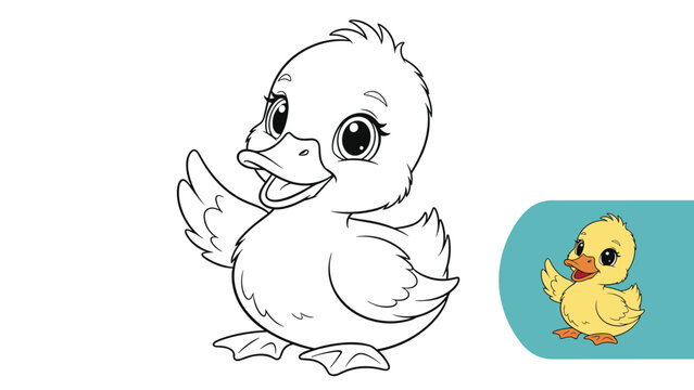 Cute little duckling waves its wing in this adorable black and white coloring page with a small color reference in the corner.