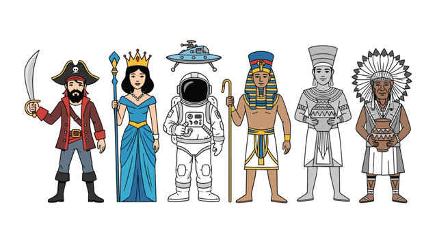 Diverse lineup of characters in thematic costumes ranging from an astronaut to an ancient pharaoh stands on a white background.