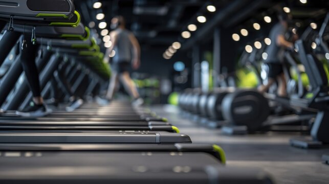 Modern Gym Interior with Rows of Treadmills and Elliptical Machines in Motion with Blurred People Exercising
