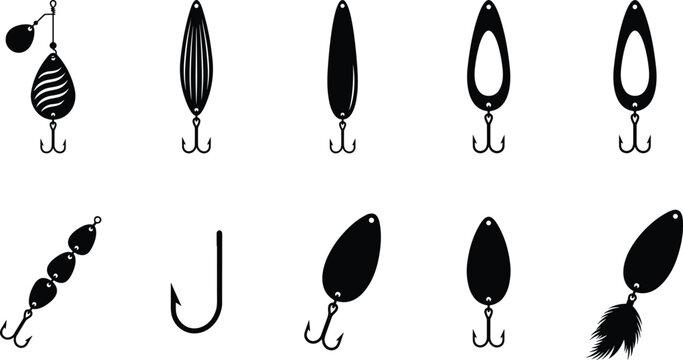 Black Fishing Lure Silhouette Collection Featuring Spoon Baits, Hooks, Spinner Designs, and Tackle Equipment for Outdoor Angling Applications