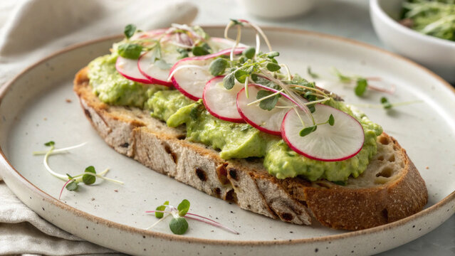 Avocado toast sourdough bread radish slice microgreen open sandwich breakfast, rustic avocado toast sourdough bread topped with radish slice