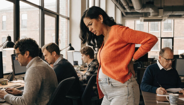 Office pregnant woman back pain workplace stress discomfort open plan office colleague Pregnant employee with back pain standing open plan office
