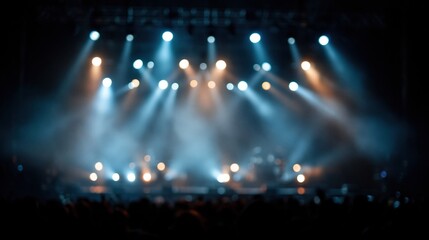 Naklejka premium Blurred Concert Stage Lighting with Atmospheric Fog Creating a Dynamic and Energetic Live Music Atmosphere