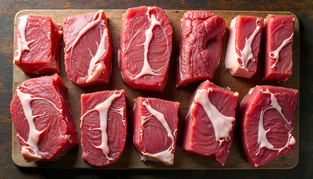 Raw beef cuts arranged on wooden cutting board
