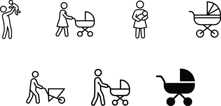Baby Care and Stroller Icon Collection Featuring Parenting Activities Infant Transport Symbols for Family and Childcare Interface Design