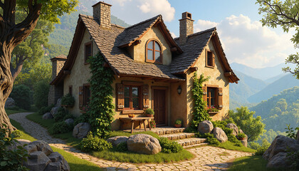 Fototapeta premium Cozy cottage surrounded by mountains and greenery 