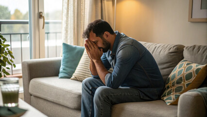 Fototapeta premium Man sofa living room stress anxiety depression male adult photorealistic medium shot of man sitting sofa covering face living room, feeling stress