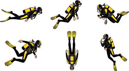 Vector illustration collection of scuba divers in black and yellow wetsuits swimming underwater in different active poses. © MAYNA