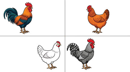 Vector illustration set of diverse farm poultry chickens including roosters and hens in various breeds and feather colors. © MAYNA