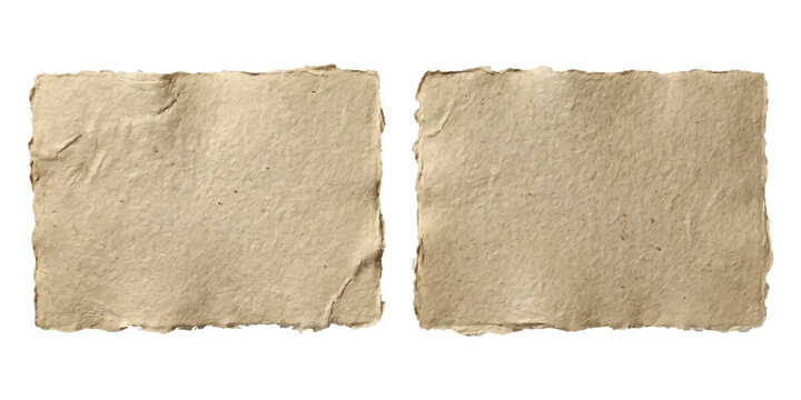Two rectangular sheets of handmade brown paper with rough torn edges