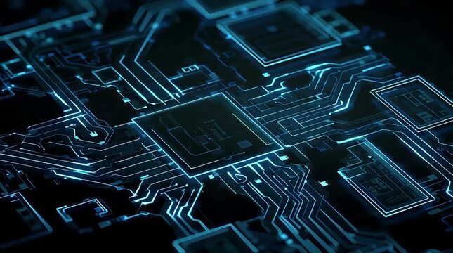 Futuristic microchip technology background featuring blue glowing circuit board motherboard with digital data flow pathways for artificial intelligence computer hardware and cyber security concepts