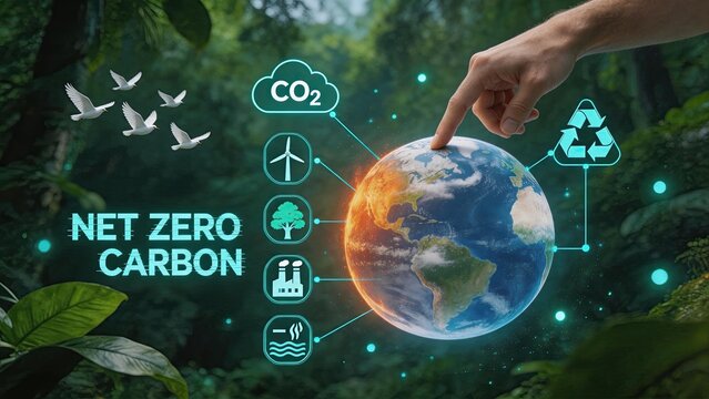 Net zero carbon concept with hand touching earth, recycling and renewable energy icons, forest background for climate change and sustainability